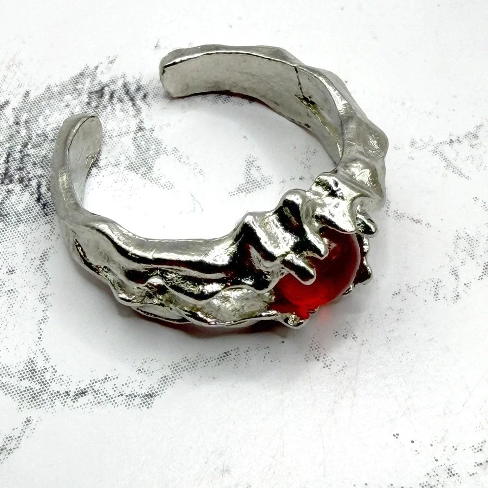 Size 6.5 Silver Tone Molten Texture Red Cabochon‎ Open Back Ring Gothic Style
